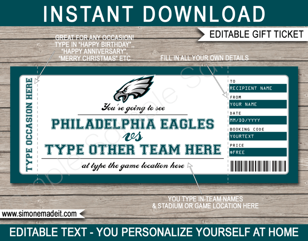 Printable Philadelphia Eagles Game Ticket Gift Voucher Template | Surprise tickets to a Philadelphia Eagles Game | Editable Text | Gift Certificate | Birthday, Christmas, Anniversary, Retirement, Graduation, Mother's Day, Father's Day, Congratulations, Valentine's Day | INSTANT DOWNLOAD via giftsbysimonemadeit.com