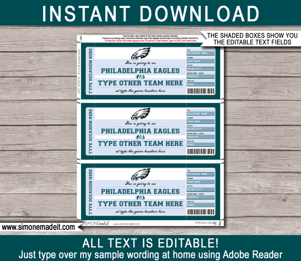 Printable Philadelphia Eagles Game Ticket Gift Voucher Template | Surprise tickets to a Philadelphia Eagles Game | Editable Text | Gift Certificate | Birthday, Christmas, Anniversary, Retirement, Graduation, Mother's Day, Father's Day, Congratulations, Valentine's Day | INSTANT DOWNLOAD via giftsbysimonemadeit.com