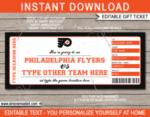 Printable Philadelphia Flyers Game Ticket Gift Voucher Template | Printable Surprise NHL Hockey Tickets | Editable Text | Gift Certificate | Birthday, Christmas, Anniversary, Retirement, Graduation, Mother's Day, Father's Day, Congratulations, Valentine's Day | INSTANT DOWNLOAD via giftsbysimonemadeit.com