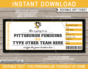 Printable Pittsburgh Penguins Game Ticket Gift Voucher Template | Printable Surprise NHL Hockey Tickets | Editable Text | Gift Certificate | Birthday, Christmas, Anniversary, Retirement, Graduation, Mother's Day, Father's Day, Congratulations, Valentine's Day | INSTANT DOWNLOAD via giftsbysimonemadeit.com