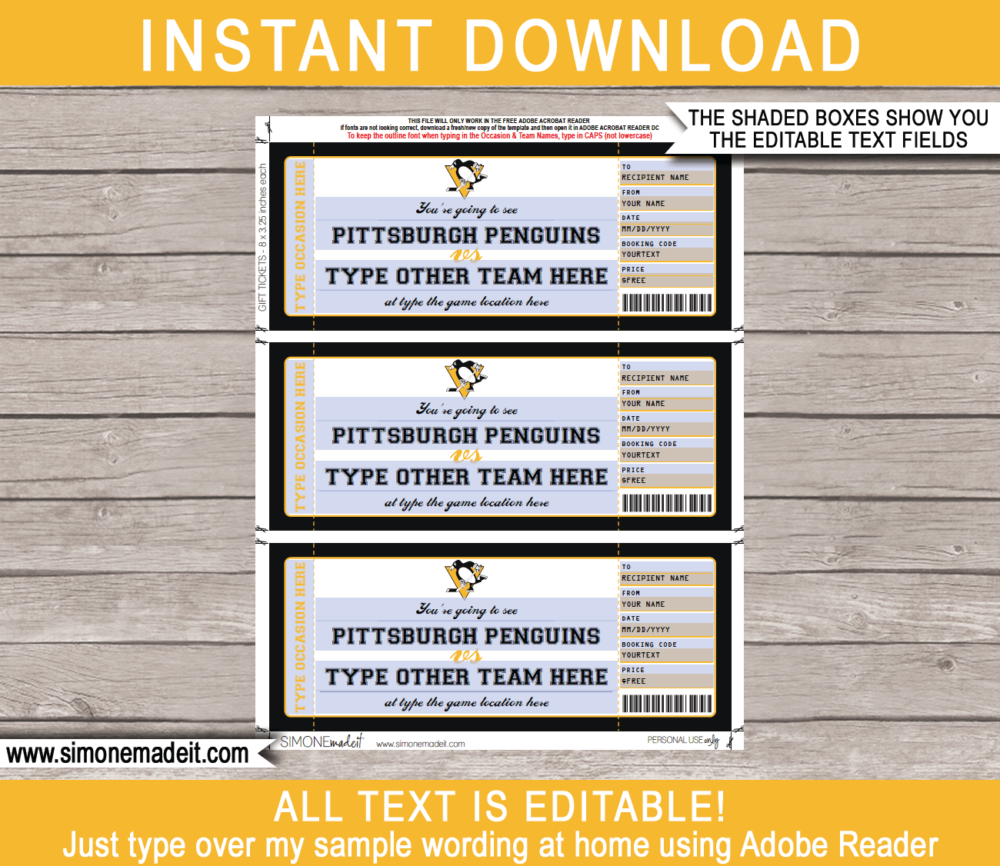 Printable Pittsburgh Penguins Game Ticket Gift Voucher Template | Printable Surprise NHL Hockey Tickets | Editable Text | Gift Certificate | Birthday, Christmas, Anniversary, Retirement, Graduation, Mother's Day, Father's Day, Congratulations, Valentine's Day | INSTANT DOWNLOAD via giftsbysimonemadeit.com