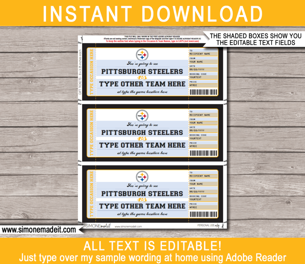 Printable Pittsburgh Steelers Game Ticket Gift Voucher Template | Surprise tickets to a Pittsburgh Steelers Game | Editable Text | Gift Certificate | Birthday, Christmas, Anniversary, Retirement, Graduation, Mother's Day, Father's Day, Congratulations, Valentine's Day | INSTANT DOWNLOAD via giftsbysimonemadeit.com