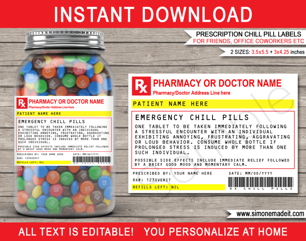 Printable Prescription Chill Pills Label template | Jar of Emergency Chill Pills | Funny Gag Gift | Birthday Gift | Workplace, Office, Coworker, Boss, Relative or Friend Gift | Practical Joke | Last minute Gift | Candy Medicine | Doctor, Nurse, Pharmacist or Medical Gift | DIY Fake Pharmacy Rx Prescription Label | INSTANT DOWNLOAD via giftsbysimonemadeit.com #chillpills #emergencychillpills