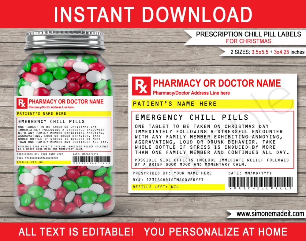 Printable Prescription Christmas Chill Pills Label Template | Jar of Emergency Chill Pills | Funny Gag Xmas Gift | Friend, Family, Office, Co-worker, Boss, Doctor, Nurse, Pharmacist, Medical Practical Joke | Jelly beans M&Ms, Candy Medicine | DIY Fake Pharmacy Rx Prescription Label | INSTANT DOWNLOAD via giftsbysimonemadeit.com