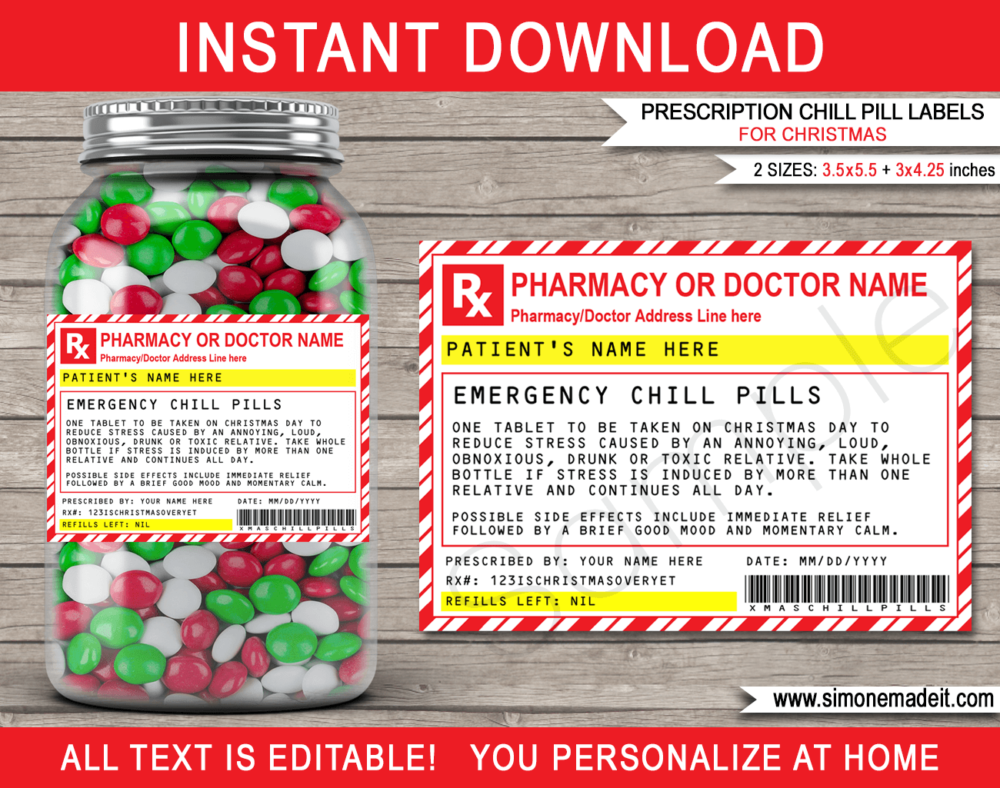 Printable Prescription Chill Pills for Christmas Gift Label Template | Jar of Emergency Chill Pills | Funny Gag Gift | Friend, Family, Office, Co-worker, Boss, Doctor, Nurse, Pharmacist, Medical Practical Joke | Jelly beans M&Ms, Candy Medicine | DIY Fake Pharmacy Rx Prescription Label | INSTANT DOWNLOAD via giftsbysimonemadeit.com