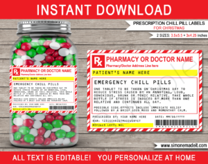 Printable Prescription Chill Pills for Christmas Gift Label Template | Jar of Emergency Chill Pills | Funny Gag Gift | Friend, Family, Office, Co-worker, Boss, Doctor, Nurse, Pharmacist, Medical Practical Joke | Jelly beans M&Ms, Candy Medicine | DIY Fake Pharmacy Rx Prescription Label | INSTANT DOWNLOAD via giftsbysimonemadeit.com