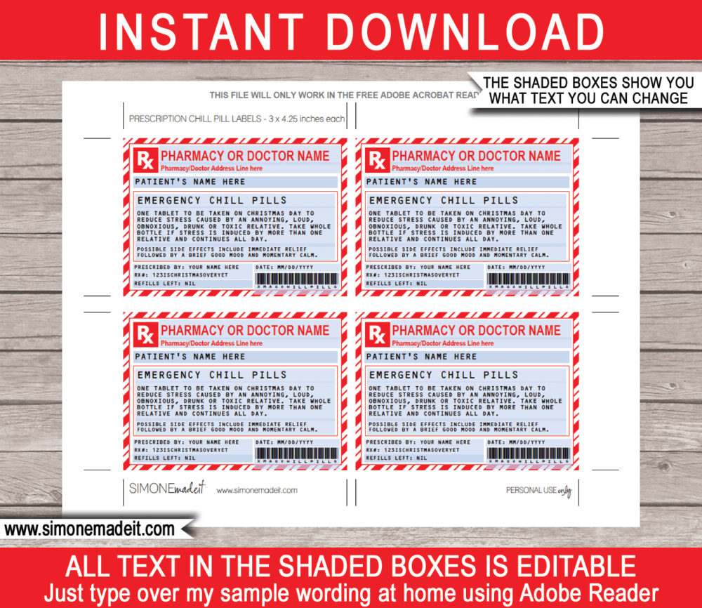 Printable Prescription Christmas Chill Pills Label Template | Jar of Emergency Chill Pills | Funny Gag Xmas Gift | Friend, Family, Office, Co-worker, Boss, Doctor, Nurse, Pharmicist, Medical Practical Joke | Jelly beans M&Ms, Candy Medicine | DIY Fake Pharmacy Rx Prescription Label | INSTANT DOWNLOAD via giftsbysimonemadeit.com