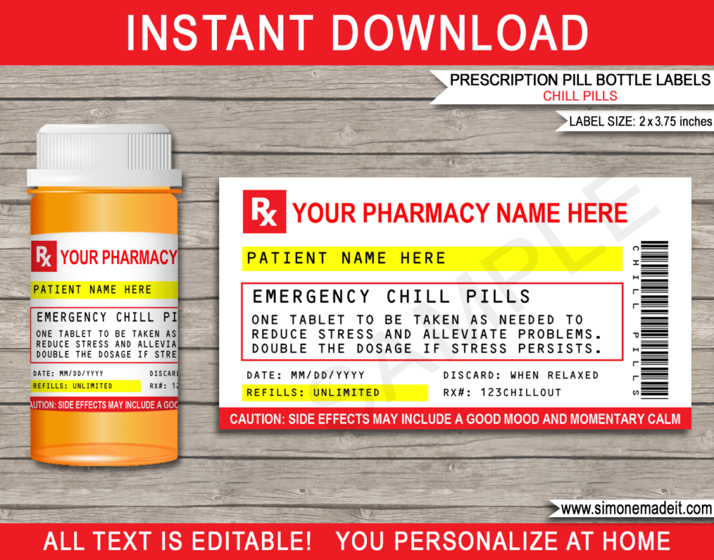 Printable Prescription Chill Pill Labels Template | Emergency Chill Pills 13 dram Pharmacy Vial | Prank Funny Gag Gift | Friend, Family, Office, Co-worker, Boss, Doctor, Nurse, Pharmacist, Medical Practical Joke | Skittles, Jelly beans M&Ms, mints, sweets, Candy Medicine | DIY Pretend Fake Pharmacy Rx Prescription Label | INSTANT DOWNLOAD via giftsbysimonemadeit.com #emergencychillpills #chillpills