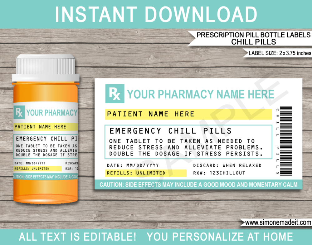 Aqua Printable Prescription Chill Pill Labels Template | Emergency Chill Pills 13 dram Pharmacy Vial | Prank Funny Gag Gift | Friend, Family, Office, Co-worker, Boss, Doctor, Nurse, Pharmacist, Medical Practical Joke | Skittles, Jelly beans M&Ms, mints, sweets, Candy Medicine | DIY Pretend Fake Pharmacy Rx Prescription Label | INSTANT DOWNLOAD via giftsbysimonemadeit.com #emergencychillpills #chillpills