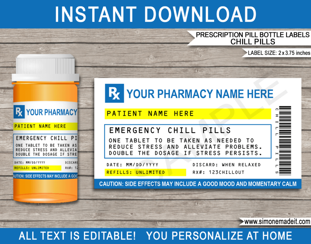 Blue Printable Prescription Chill Pill Labels Template | Emergency Chill Pills 13 dram Pharmacy Vial | Prank Funny Gag Gift | Friend, Family, Office, Co-worker, Boss, Doctor, Nurse, Pharmacist, Medical Practical Joke | Skittles, Jelly beans M&Ms, mints, sweets, Candy Medicine | DIY Pretend Fake Pharmacy Rx Prescription Label | INSTANT DOWNLOAD via giftsbysimonemadeit.com #emergencychillpills #chillpills