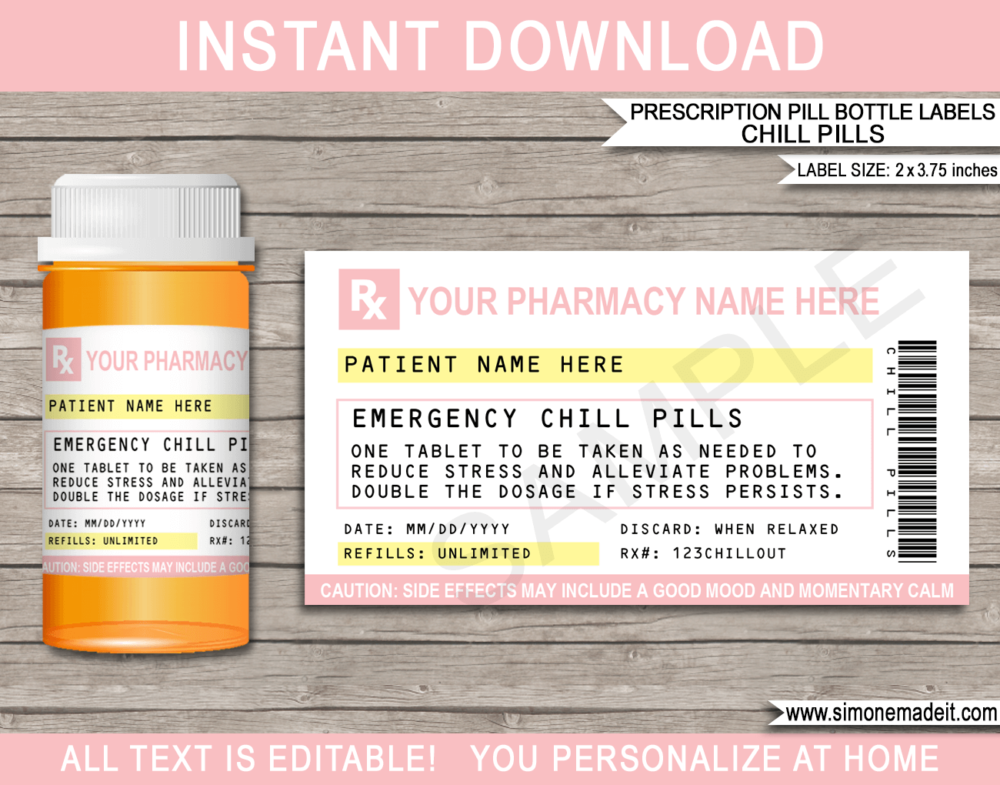 Blush Printable Prescription Chill Pill Labels Template | Emergency Chill Pills 13 dram Pharmacy Vial | Prank Funny Gag Gift | Friend, Family, Office, Co-worker, Boss, Doctor, Nurse, Pharmacist, Medical Practical Joke | Skittles, Jelly beans M&Ms, mints, sweets, Candy Medicine | DIY Pretend Fake Pharmacy Rx Prescription Label | INSTANT DOWNLOAD via giftsbysimonemadeit.com #emergencychillpills #chillpills