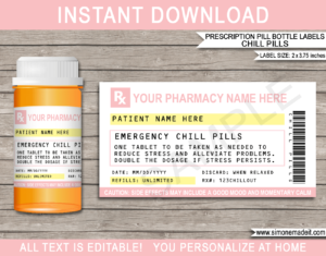 Blush Printable Prescription Chill Pill Labels Template | Emergency Chill Pills 13 dram Pharmacy Vial | Prank Funny Gag Gift | Friend, Family, Office, Co-worker, Boss, Doctor, Nurse, Pharmacist, Medical Practical Joke | Skittles, Jelly beans M&Ms, mints, sweets, Candy Medicine | DIY Pretend Fake Pharmacy Rx Prescription Label | INSTANT DOWNLOAD via giftsbysimonemadeit.com #emergencychillpills #chillpills