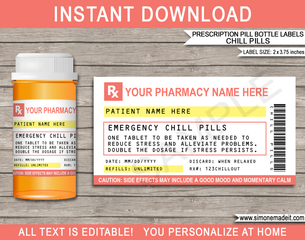 Coral Printable Prescription Chill Pill Labels Template | Emergency Chill Pills 13 dram Pharmacy Vial | Prank Funny Gag Gift | Friend, Family, Office, Co-worker, Boss, Doctor, Nurse, Pharmacist, Medical Practical Joke | Skittles, Jelly beans M&Ms, mints, sweets, Candy Medicine | DIY Pretend Fake Pharmacy Rx Prescription Label | INSTANT DOWNLOAD via giftsbysimonemadeit.com #emergencychillpills #chillpills
