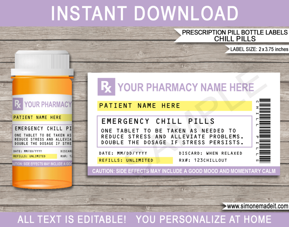 Lilac Printable Prescription Chill Pill Labels Template | Emergency Chill Pills 13 dram Pharmacy Vial | Prank Funny Gag Gift | Friend, Family, Office, Co-worker, Boss, Doctor, Nurse, Pharmacist, Medical Practical Joke | Skittles, Jelly beans M&Ms, mints, sweets, Candy Medicine | DIY Pretend Fake Pharmacy Rx Prescription Label | INSTANT DOWNLOAD via giftsbysimonemadeit.com #emergencychillpills #chillpills