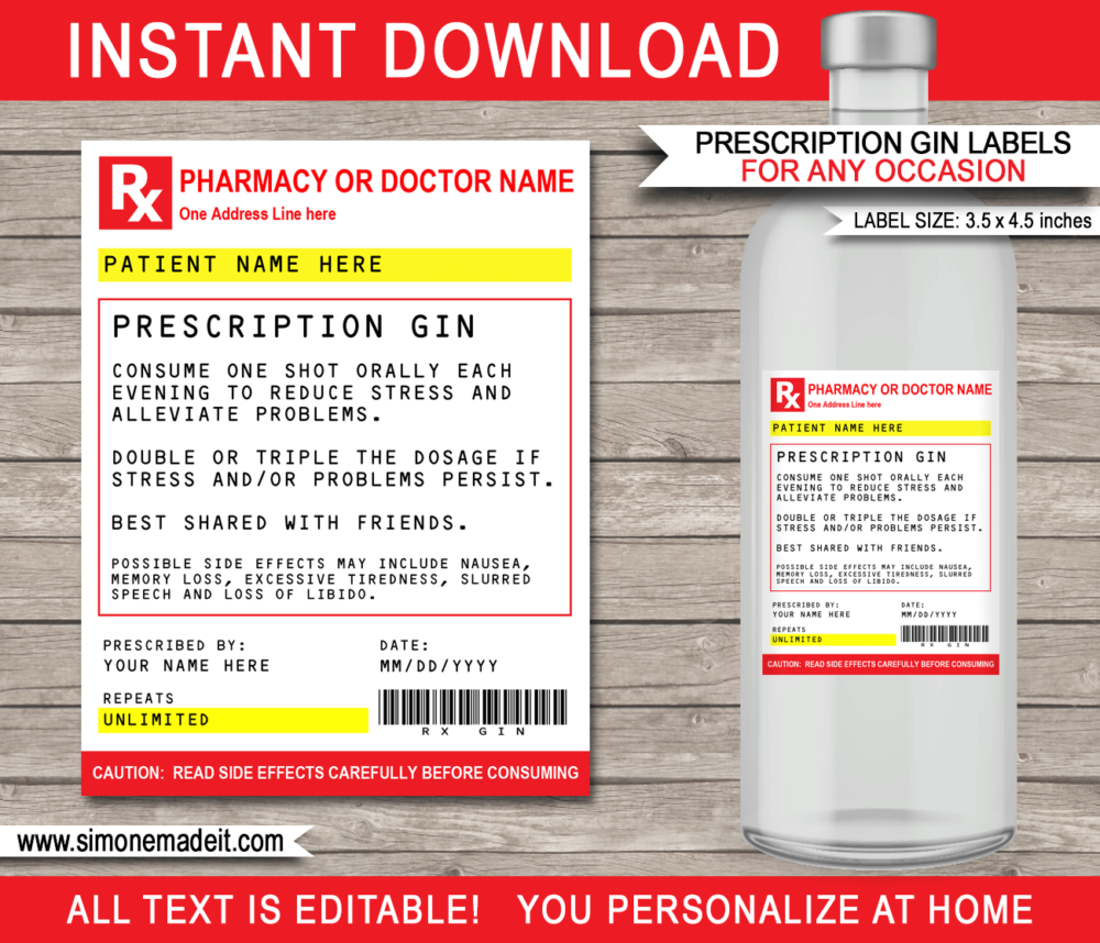 Printable Fake Prescription Gin Labels Template | Emergency Gin | Funny Prank Practical Joke Gag Gift | Friend, Family, Office, Co-worker, Boss, Doctor, Nurse, Pharmacist, Medical | DIY Pretend Pharmacy Rx Prescription Label | Last Minute Gift | INSTANT DOWNLOAD via giftsbysimonemadeit.com