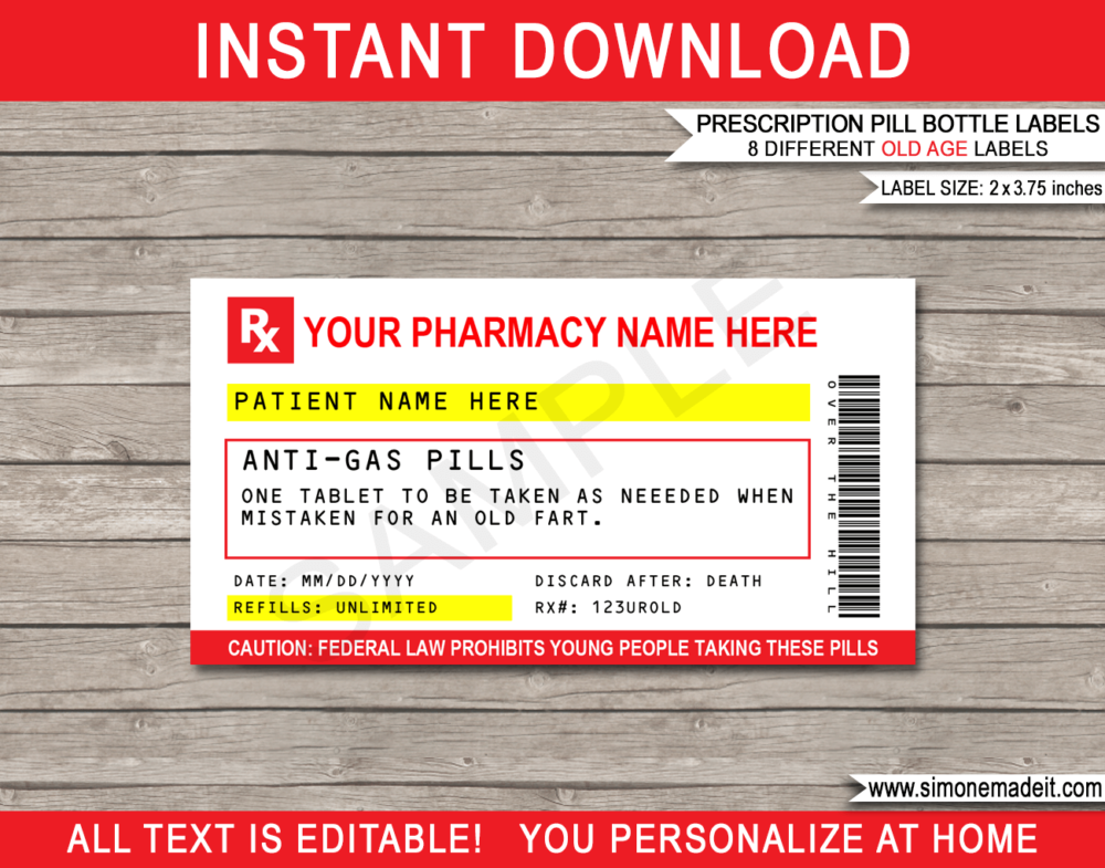 Gag Prescription Labels template for Old Age Pills | Birthday Party Gift or Favors | Funny Gift | Over the Hill | Practical Joke | Candy Medicine | Doctor, Nurse, Pharmacist or Medical Gift | 40th 50th 60th 70th Birthday Gift | DIY Fake Pharmacy Rx Prescription Label | 13 Dram | INSTANT DOWNLOAD via giftsbysimonemadeit.com