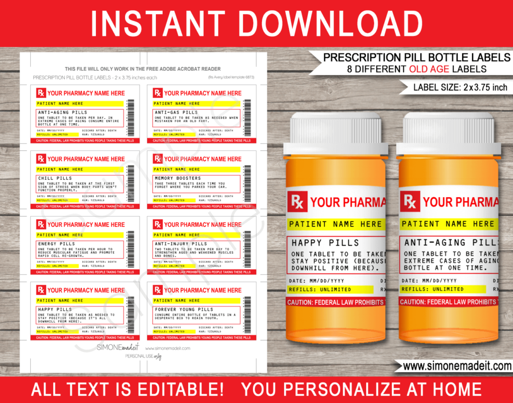 Printable Funny Old Age Prescription Labels template | Birthday Gag Gift or Party Favors | Over the Hill | Practical Joke | Candy Pills Medicine | Doctor, Nurse, Pharmacist or Medical Gift | 40th 50th 60th 70th Birthday Gag Gift | DIY Fake Pharmacy Rx Prescription Label | 13 Dram | INSTANT DOWNLOAD via giftsbysimonemadeit.com