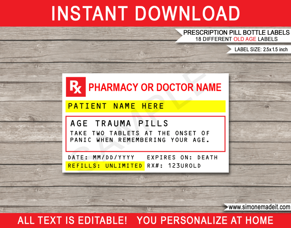 Printable Gag Prescription Labels for Old Age Pills Template | Funny Birthday Gag or Prank Gift or Party Favors | Over the Hill | Practical Joke | Candy Pills Medicine | Doctor, Nurse, Pharmacist or Medical Gift | 40th 50th 60th 70th Birthday Gag Gift | DIY Fake Pharmacy Rx Prescription Label | 8 Dram | INSTANT DOWNLOAD via giftsbysimonemadeit.com