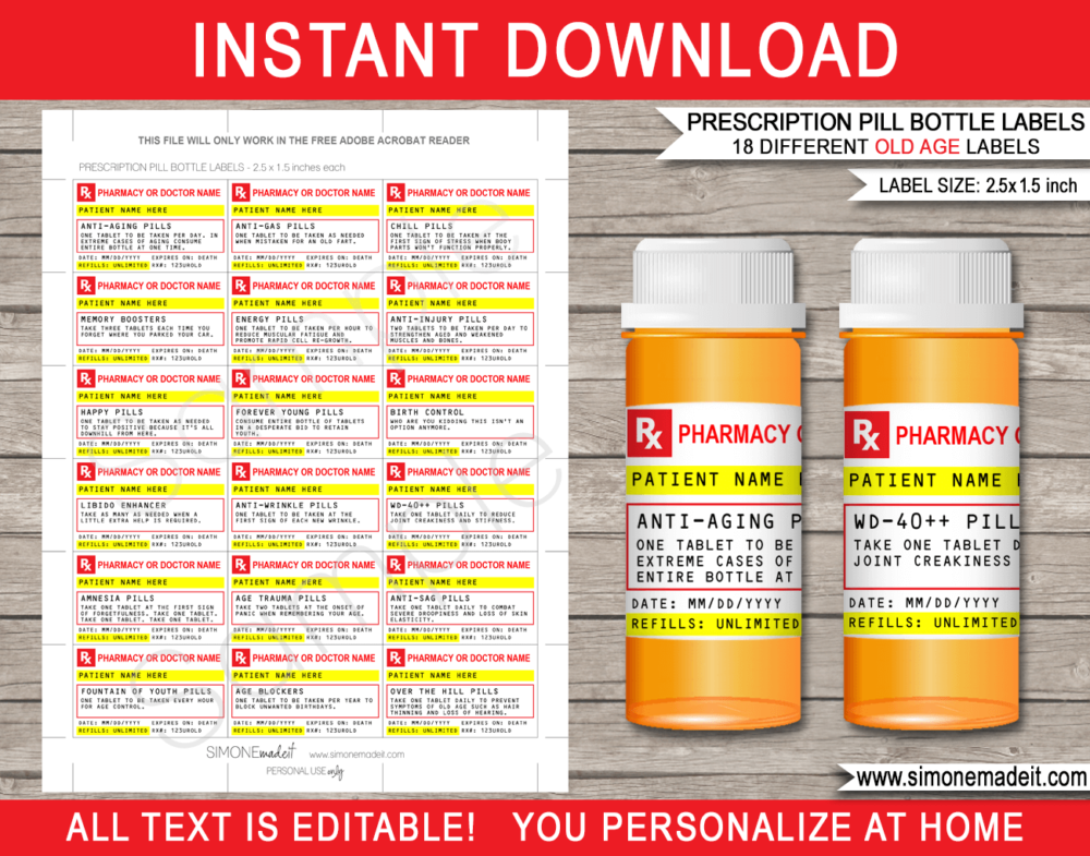 Printable Gag Prescription Labels for Old Age Pills Template | Funny Birthday Gag or Prank Gift or Party Favors | Over the Hill | Practical Joke | Candy Pills Medicine | Doctor, Nurse, Pharmacist or Medical Gift | 40th 50th 60th 70th Birthday Gag Gift | DIY Fake Pharmacy Rx Prescription Label | 8 Dram | INSTANT DOWNLOAD via giftsbysimonemadeit.com