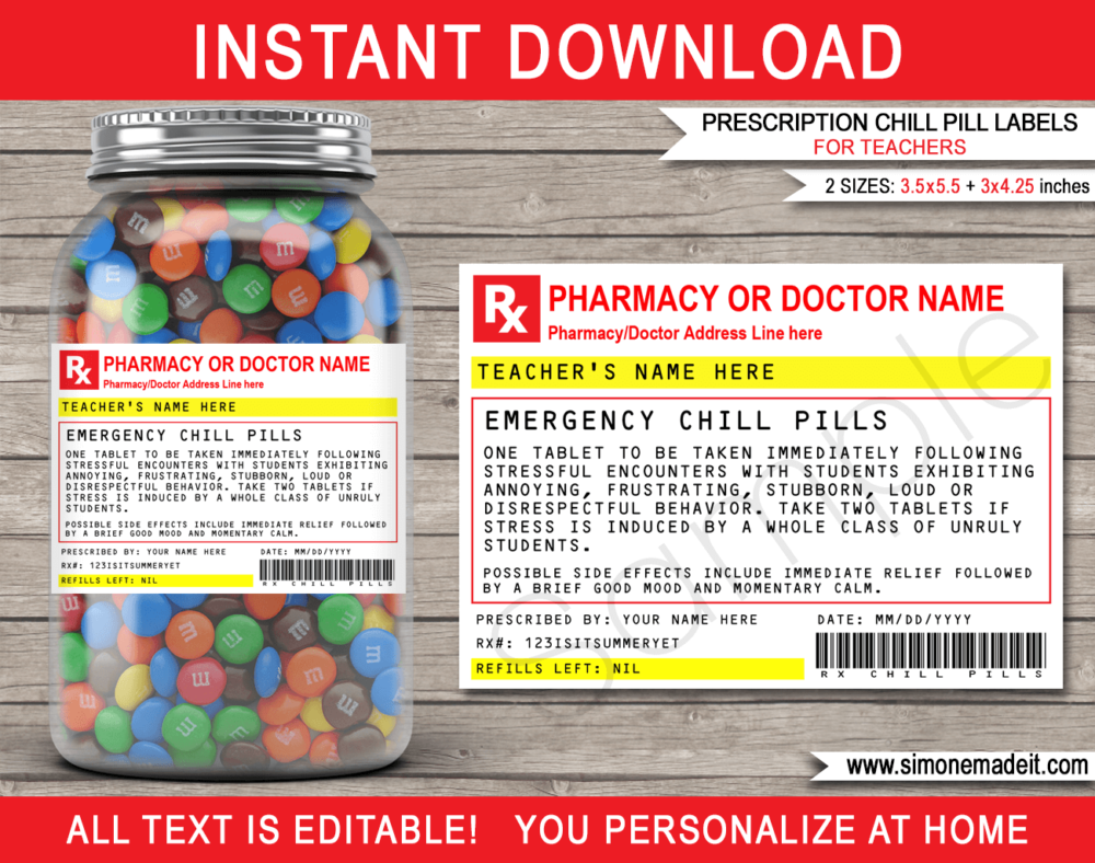 Printable Prescription Teacher Chill Pills Label template | Funny Gag Gift | Birthday, Back To School, Christmas, End of School Year Gift | Principal, Class, School Teacher Gift from Students or Parents | Practical Joke | Candy Medicine | DIY Fake Pharmacy Rx Prescription Label | INSTANT DOWNLOAD via giftsbysimonemadeit.com