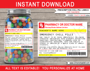 Printable Prescription Teacher Chill Pills Label template | Funny Gag Gift | Birthday, Back To School, Christmas, End of School Year Gift | Principal, Class, School Teacher Gift from Students or Parents | Practical Joke | Candy Medicine | DIY Fake Pharmacy Rx Prescription Label | INSTANT DOWNLOAD via giftsbysimonemadeit.com
