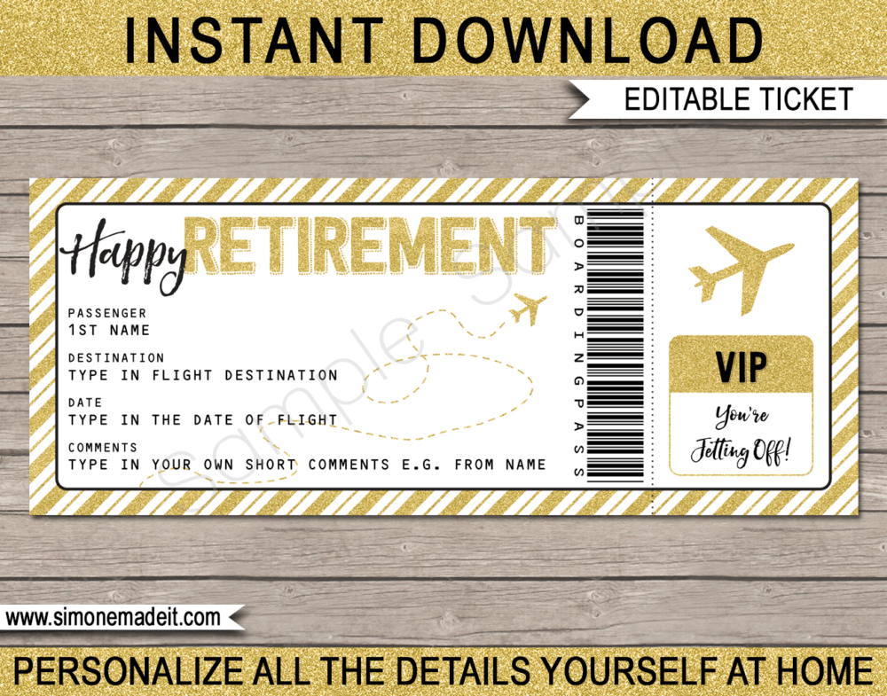 Printable Retirement Boarding Pass Gift Ticket template | Surprise Trip Reveal, Flight, Getaway, Holiday, Vacation | Faux Fake Plane Boarding Pass | Retirement Present | DIY Editable Template | Instant Download via giftsbysimonemadeit.com
