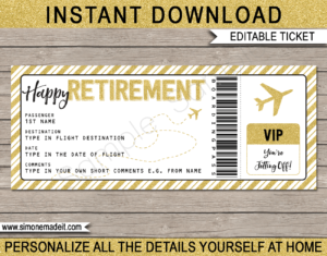Printable Retirement Boarding Pass Gift Ticket template | Surprise Trip Reveal, Flight, Getaway, Holiday, Vacation | Faux Fake Plane Boarding Pass | Retirement Present | DIY Editable Template | Instant Download via giftsbysimonemadeit.com