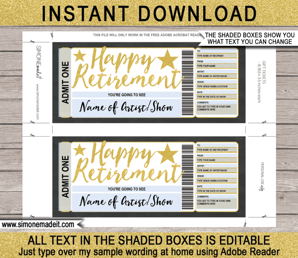 Printable Retirement Concert Ticket Gift Voucher template - Surprise Tickets to a Concert | Gold Glitter | Editable & Printable DIY Voucher | Last Minute Present | Concert, Show, Performance, Band, Artist, Music Festival, Movie | Instant Download via giftsbysimonemadeit.com