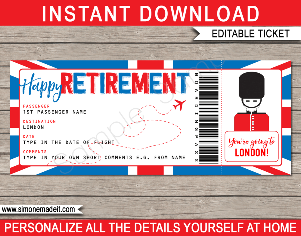 Printable Surprise Retirement Trip to London Boarding Pass template | Surprise Trip Reveal, Flight, Getaway, Holiday, Vacation to the UK | Faux Fake Plane Boarding Pass | Retirement Present | DIY Editable Template | Instant Download via giftsbysimonemadeit.com