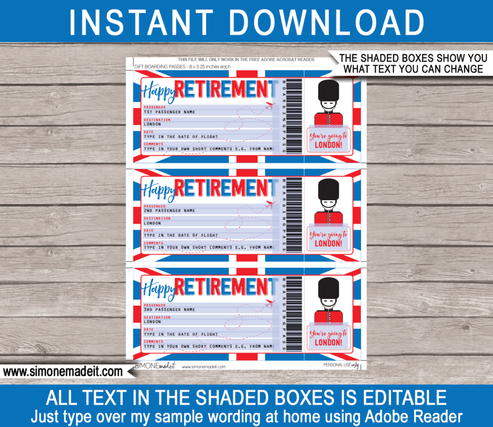 Printable Surprise Retirement Trip to London Boarding Pass template | Surprise Trip Reveal, Flight, Getaway, Holiday, Vacation to the UK | Faux Fake Plane Boarding Pass | Retirement Present | DIY Editable Template | Instant Download via giftsbysimonemadeit.com