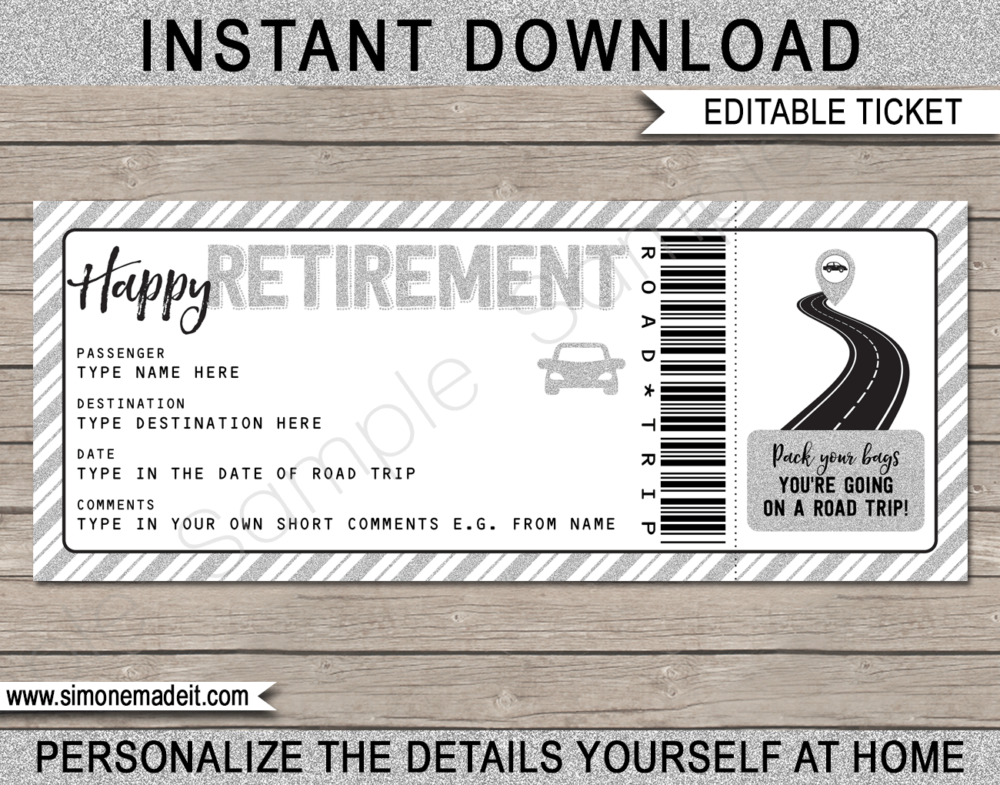 Printable Retirement Road Trip Ticket Template | Silver Glitter | Surprise Road Trip Reveal Gift Ticket | Fake Ticket | Retirement Present | Driving Holiday | INSTANT DOWNLOAD via giftsbysimonemadeit.com