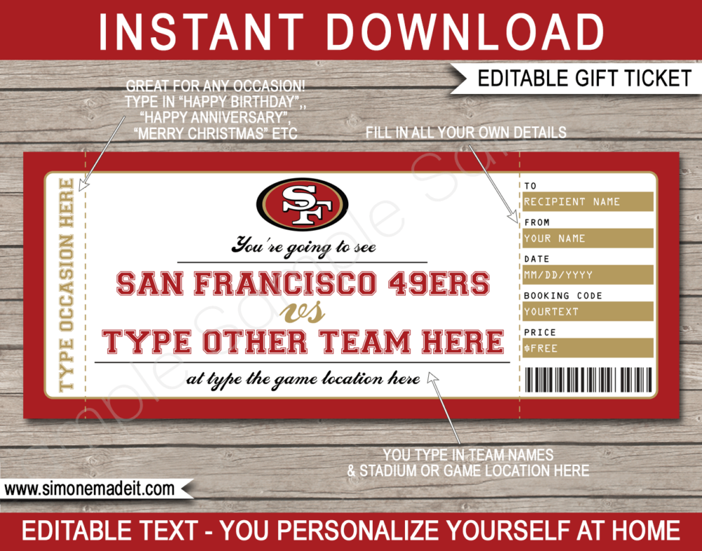 Printable San Francisco 49ers Game Ticket Gift Voucher Template | Surprise tickets to a San Francisco 49ers Game | Editable Text | Gift Certificate | Birthday, Christmas, Anniversary, Retirement, Graduation, Mother's Day, Father's Day, Congratulations, Valentine's Day | INSTANT DOWNLOAD via giftsbysimonemadeit.com