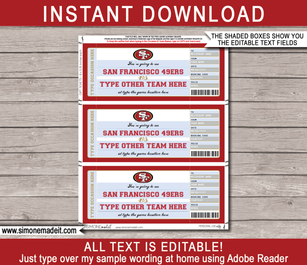 Printable San Francisco 49ers Game Ticket Gift Voucher Template | Surprise tickets to a San Francisco 49ers Game | Editable Text | Gift Certificate | Birthday, Christmas, Anniversary, Retirement, Graduation, Mother's Day, Father's Day, Congratulations, Valentine's Day | INSTANT DOWNLOAD via giftsbysimonemadeit.com