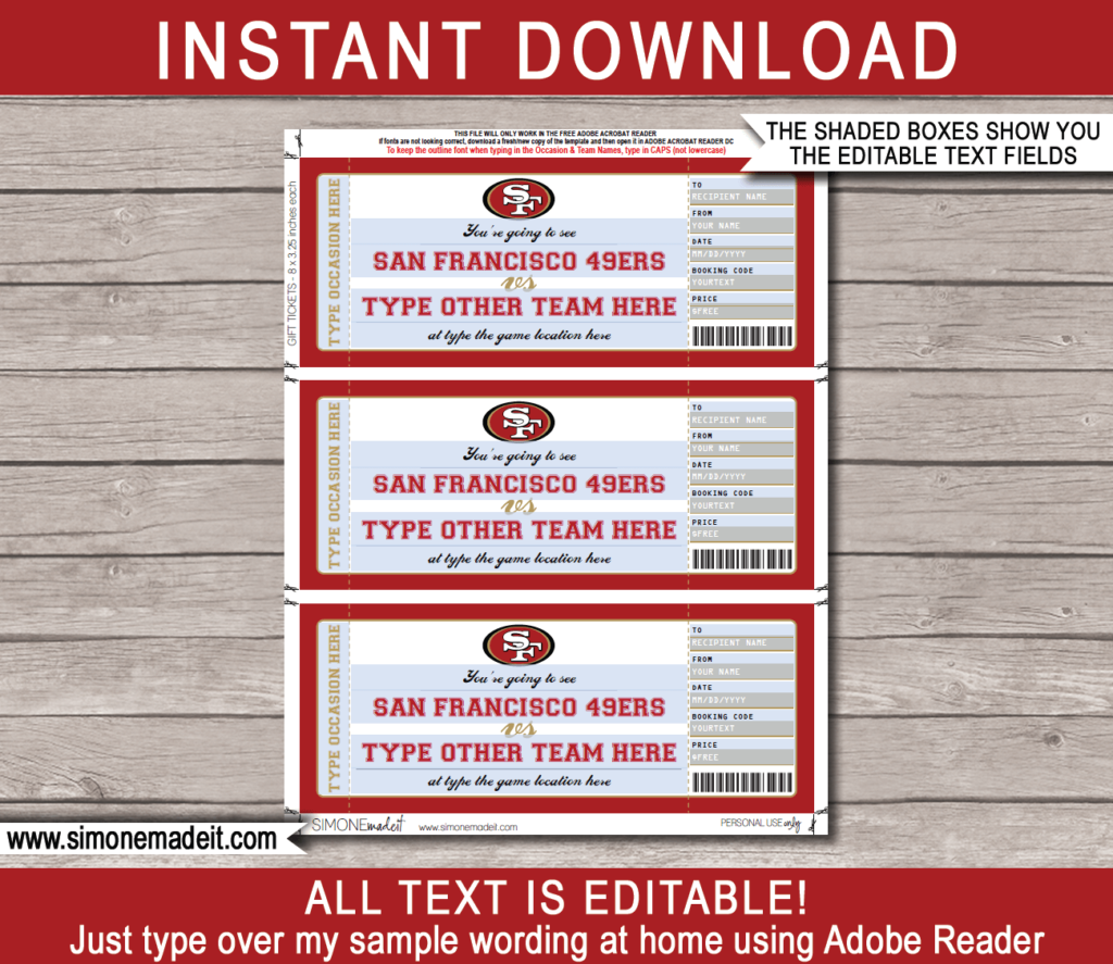 San Francisco 49ers Game Ticket Gift Voucher Printable Surprise