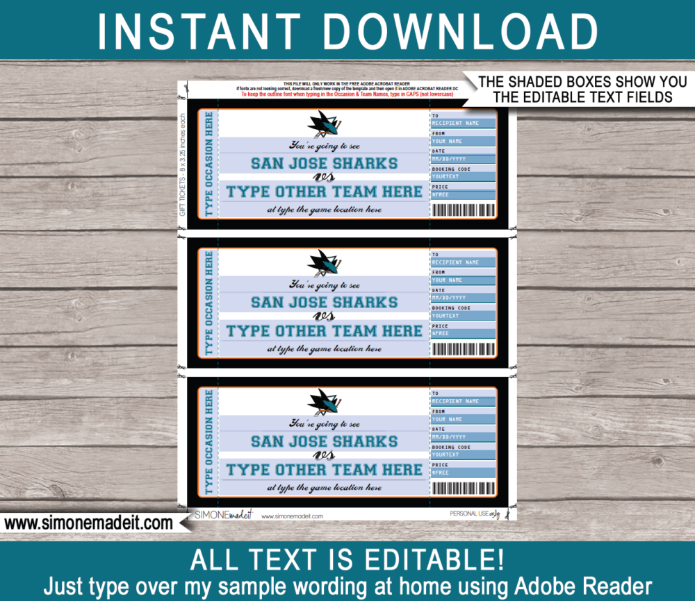Printable San Jose Sharks Game Ticket Gift Voucher Template | Printable Surprise NHL Hockey Tickets | Editable Text | Gift Certificate | Birthday, Christmas, Anniversary, Retirement, Graduation, Mother's Day, Father's Day, Congratulations, Valentine's Day | INSTANT DOWNLOAD via giftsbysimonemadeit.com