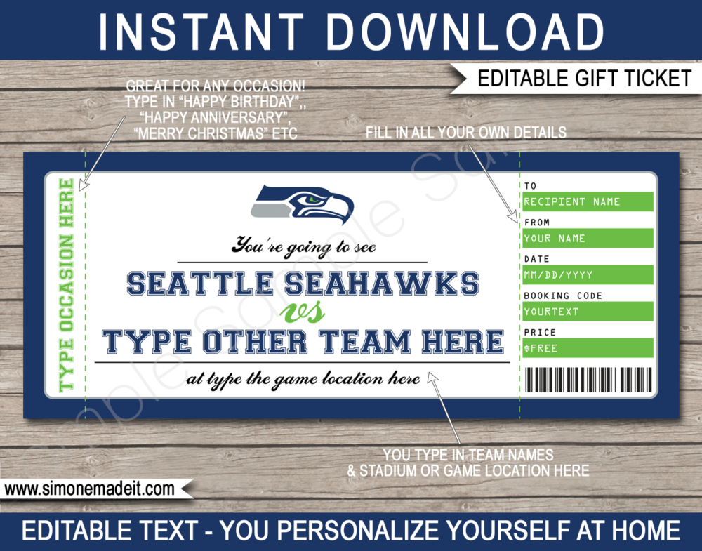 Printable Seattle Seahawks Game Ticket Gift Voucher Template | Surprise tickets to a Seattle Seahawks Game | Editable Text | Gift Certificate | Birthday, Christmas, Anniversary, Retirement, Graduation, Mother's Day, Father's Day, Congratulations, Valentine's Day | INSTANT DOWNLOAD via giftsbysimonemadeit.com