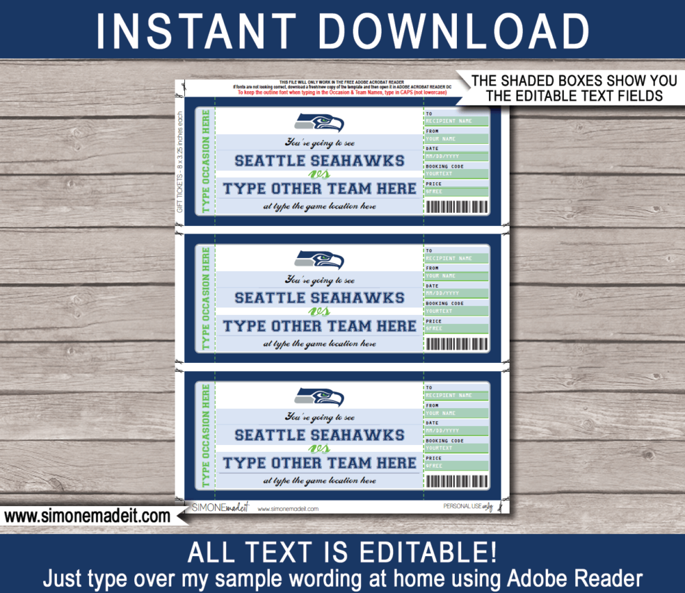 Printable Seattle Seahawks Game Ticket Gift Voucher Template | Surprise tickets to a Seattle Seahawks Game | Editable Text | Gift Certificate | Birthday, Christmas, Anniversary, Retirement, Graduation, Mother's Day, Father's Day, Congratulations, Valentine's Day | INSTANT DOWNLOAD via giftsbysimonemadeit.com
