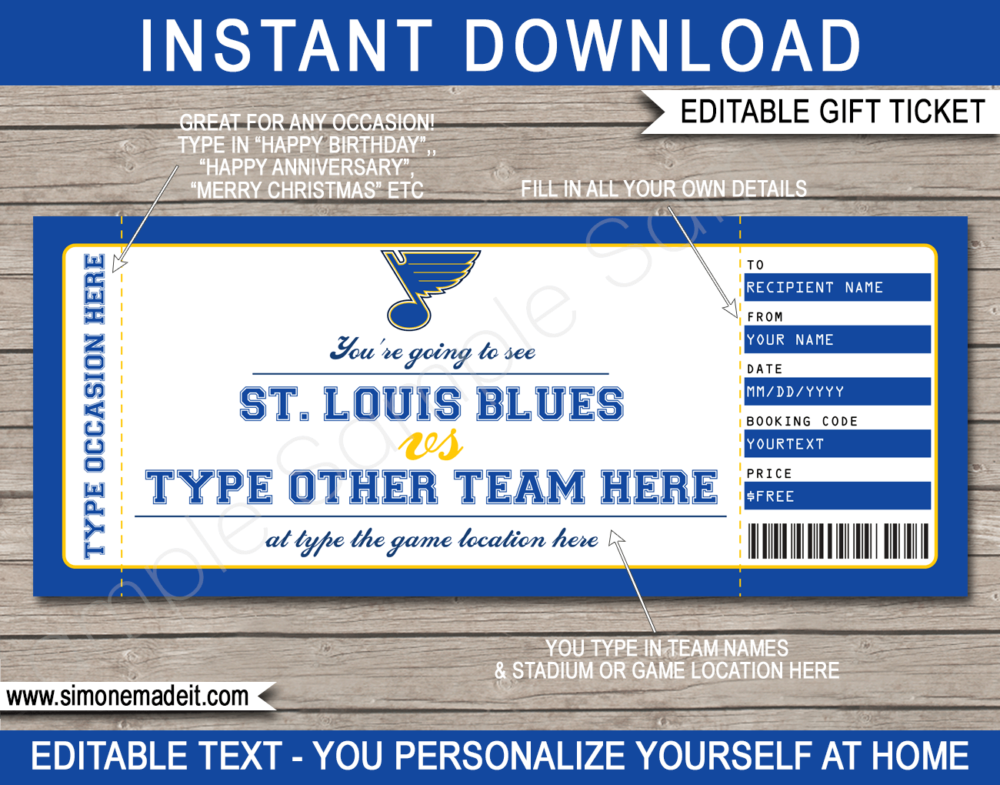 St. Louis Blues Game Ticket Gift Voucher Printable Surprise Hockey