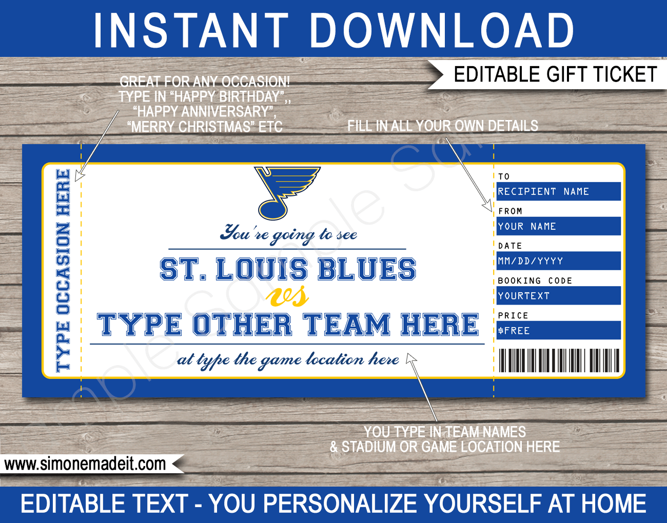 St. Louis Blues Game Ticket Gift Voucher | Printable Surprise Hockey Tickets