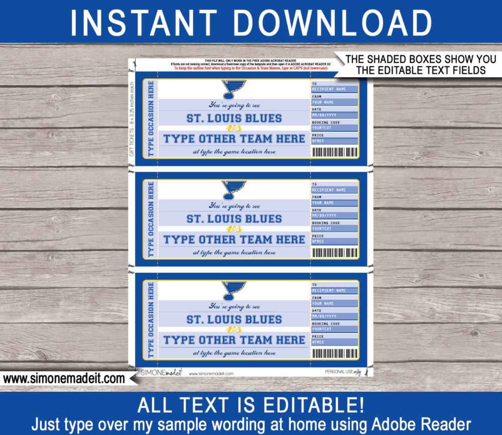 Printable St. Louis Blues Game Ticket Gift Voucher Template | Printable Surprise NHL Hockey Tickets | Editable Text | Gift Certificate | Birthday, Christmas, Anniversary, Retirement, Graduation, Mother's Day, Father's Day, Congratulations, Valentine's Day | INSTANT DOWNLOAD via giftsbysimonemadeit.com