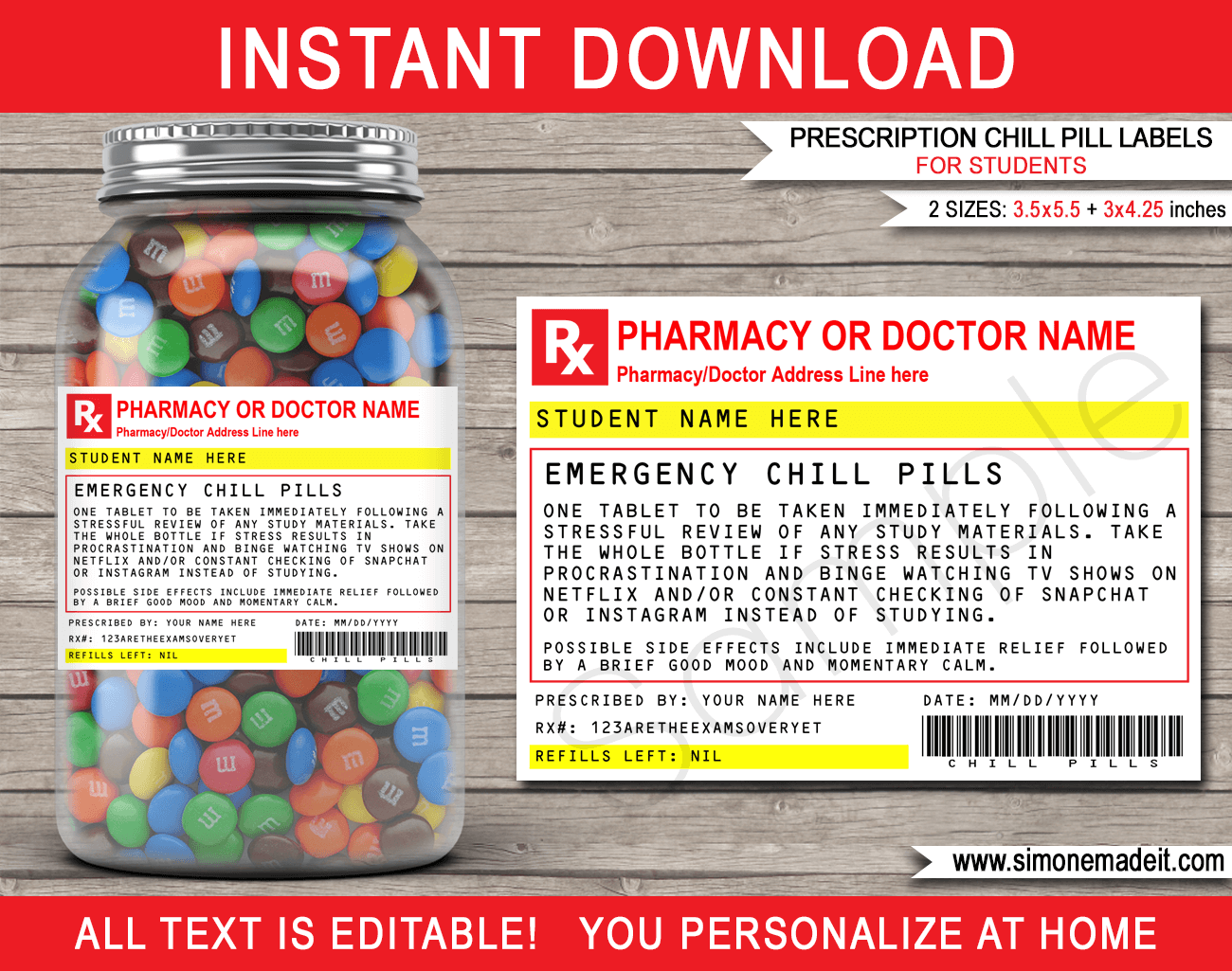 Prescription Student Chill Pills Label Template Printable Funny Gag Gift