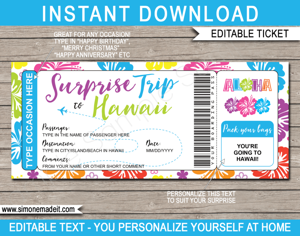 Surprise trip to Hawaii Boarding Pass Template | Printable Hawaii Trip Reveal Gift Idea | Plane Ticket | DIY Printable with Editable Text | INSTANT DOWNLOAD via giftsbysimonemadeit.com