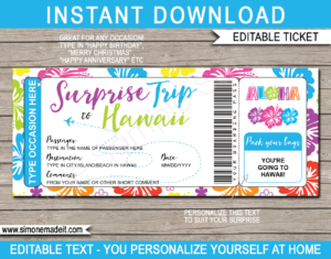 Surprise trip to Hawaii Boarding Pass Template | Printable Hawaii Trip Reveal Gift Idea | Plane Ticket | DIY Printable with Editable Text | INSTANT DOWNLOAD via giftsbysimonemadeit.com