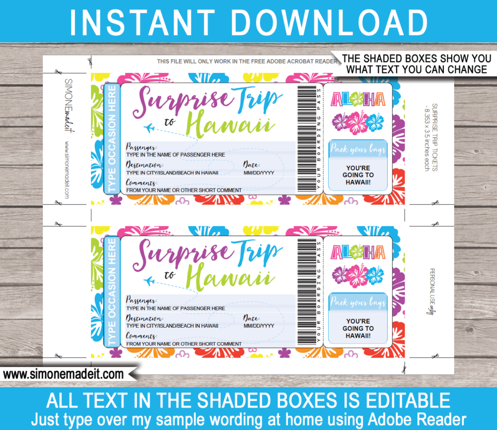 Surprise trip to Hawaii Boarding Pass Template | Printable Hawaii Trip Reveal Gift Idea | Plane Ticket | DIY Printable with Editable Text | INSTANT DOWNLOAD via giftsbysimonemadeit.com