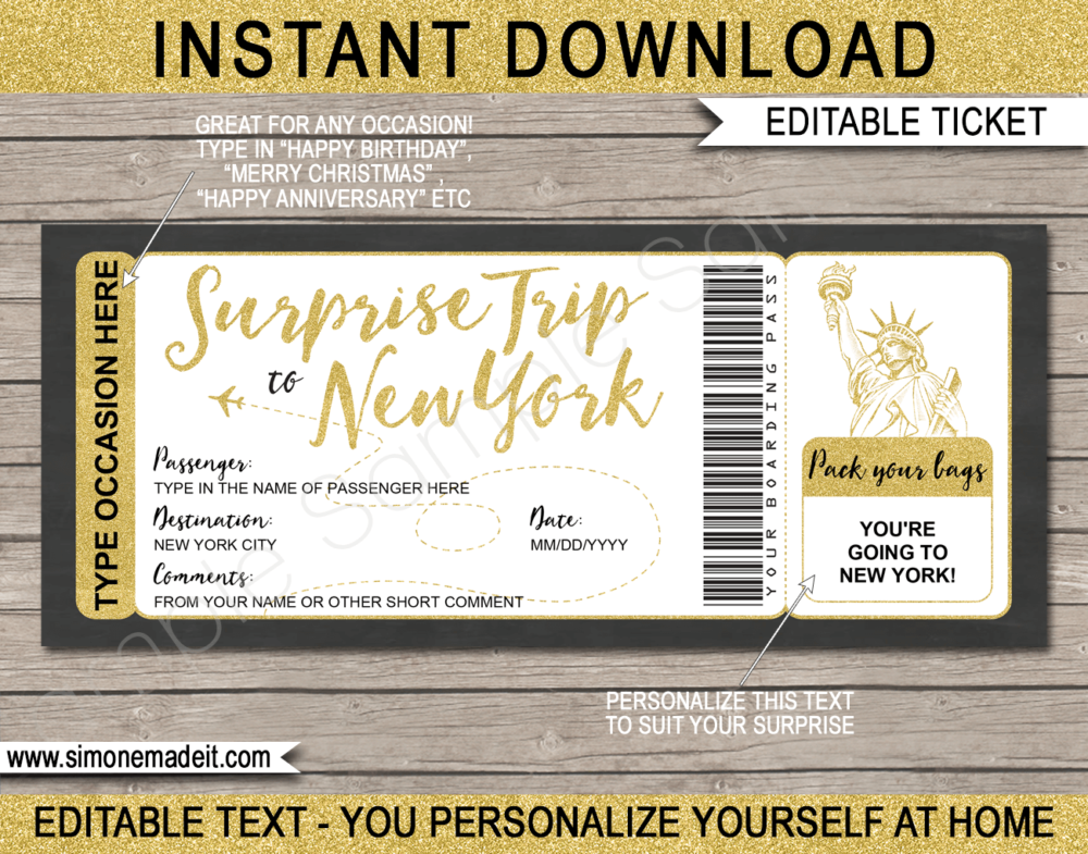 Printable Surprise trip to New York Boarding Pass Template | NYC Trip Reveal | Faux Fake Plane Ticket | Any Occasion, Birthday, Anniversary, Christmas, Honeymoon Gift | DIY Editable & Printable Template | Instant Download via giftsbysimonemadeit.com