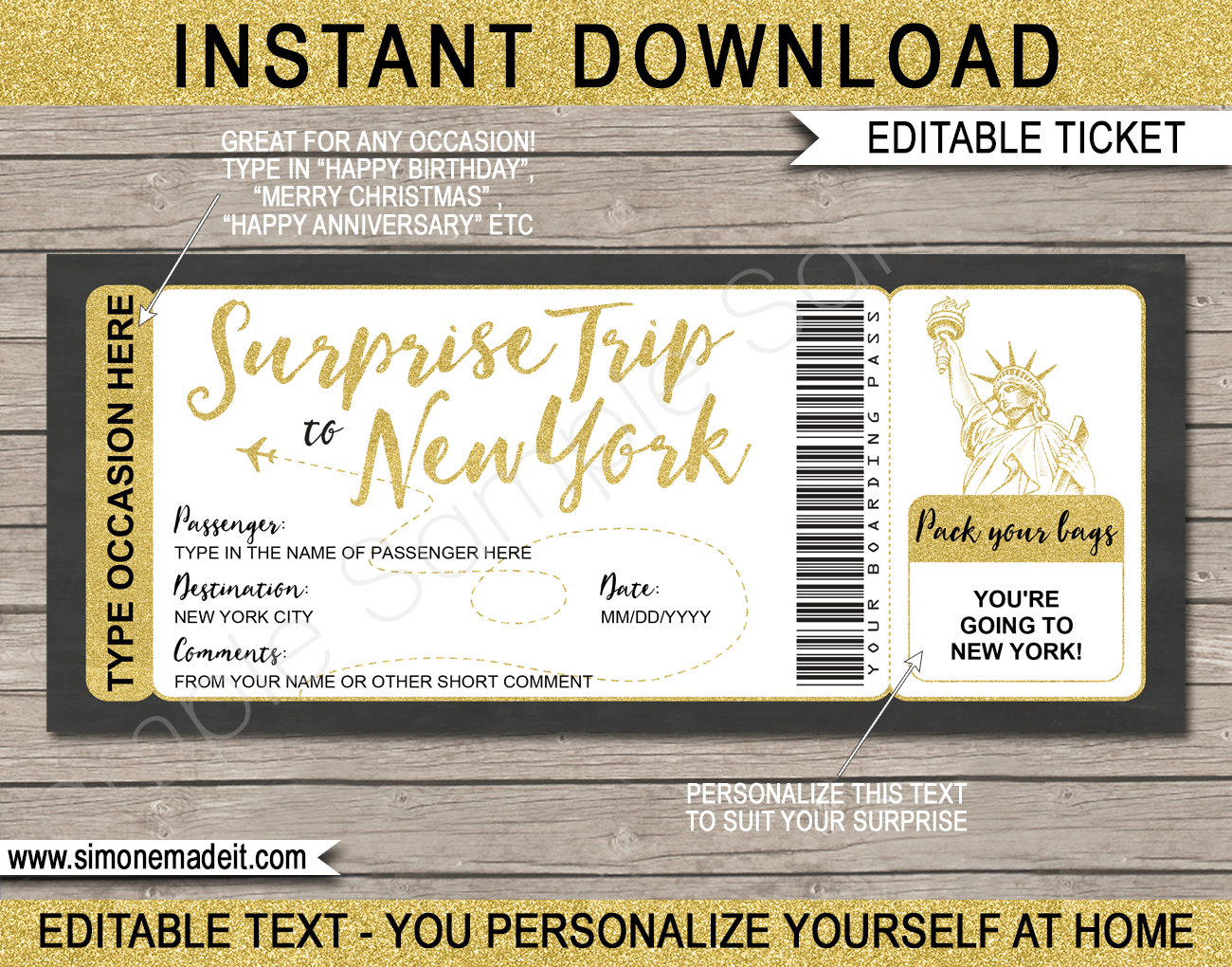 Surprise trip to New York Boarding Pass Template Printable NYC Trip