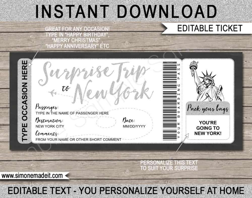 Editable Surprise trip to New York Boarding Pass Template | NYC Trip Reveal | Faux Fake Plane Ticket | Any Occasion, Birthday, Anniversary, Christmas, Honeymoon Gift | DIY Editable & Printable Template | Instant Download via giftsbysimonemadeit.com