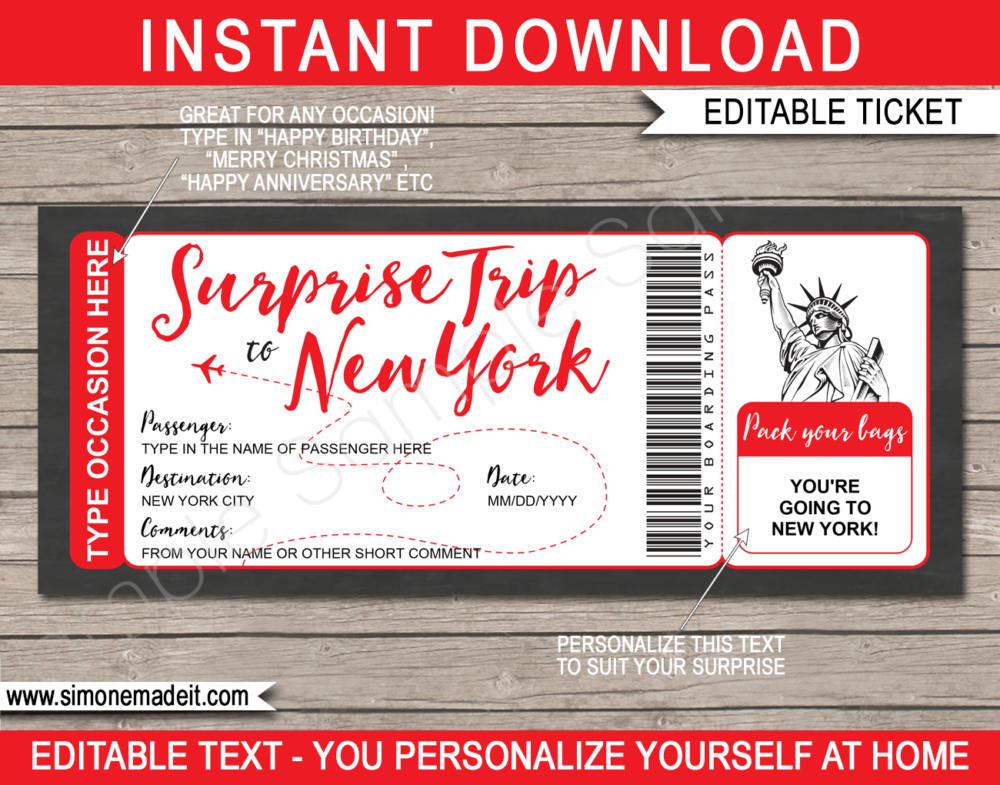 Surprise trip to New York Boarding Pass Template | NYC Trip Reveal | Faux Fake Plane Ticket | Any Occasion, Birthday, Anniversary, Christmas, Honeymoon Gift | DIY Editable & Printable Template | Instant Download via giftsbysimonemadeit.com