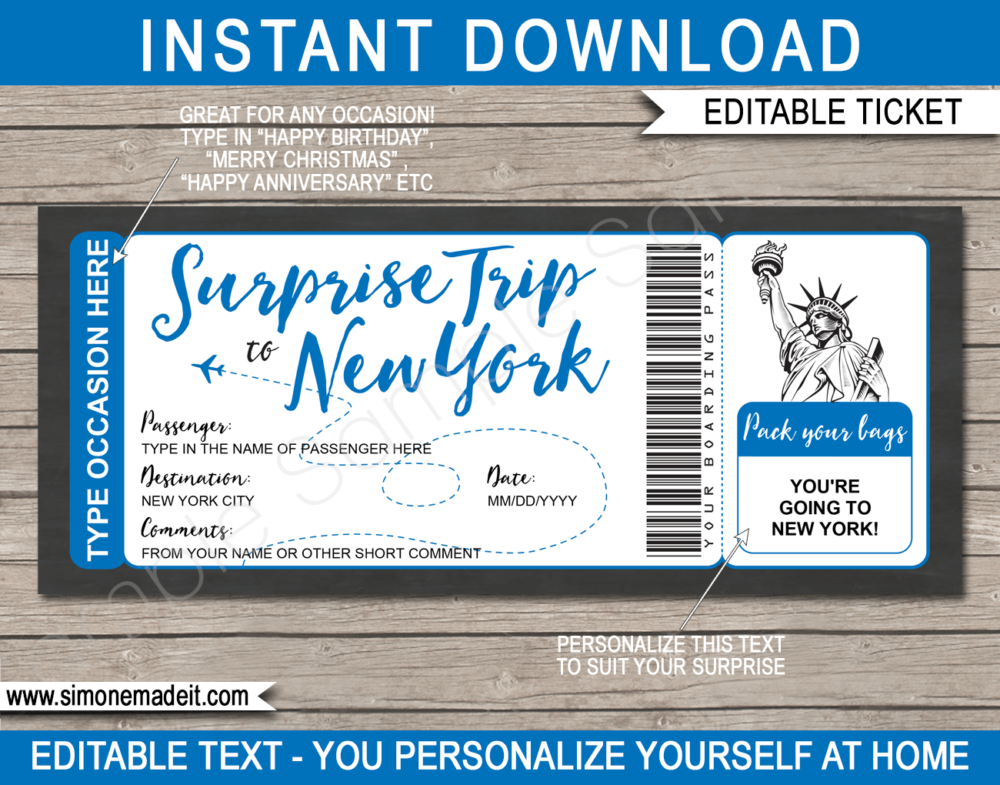 Printable Surprise trip to New York Boarding Pass Template | NYC Trip Reveal | Faux Fake Plane Ticket | Any Occasion, Birthday, Anniversary, Christmas, Honeymoon Gift | DIY Editable & Printable Template | Instant Download via giftsbysimonemadeit.com