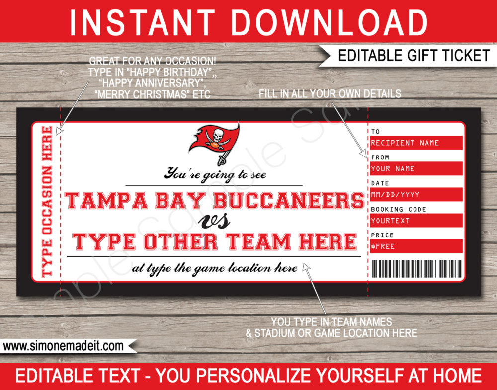 Printable Tampa Bay Buccaneers Game Ticket Gift Voucher Template | Surprise tickets to a Tampa Bay Buccaneers Game | Editable Text | Gift Certificate | Birthday, Christmas, Anniversary, Retirement, Graduation, Mother's Day, Father's Day, Congratulations, Valentine's Day | INSTANT DOWNLOAD via giftsbysimonemadeit.com